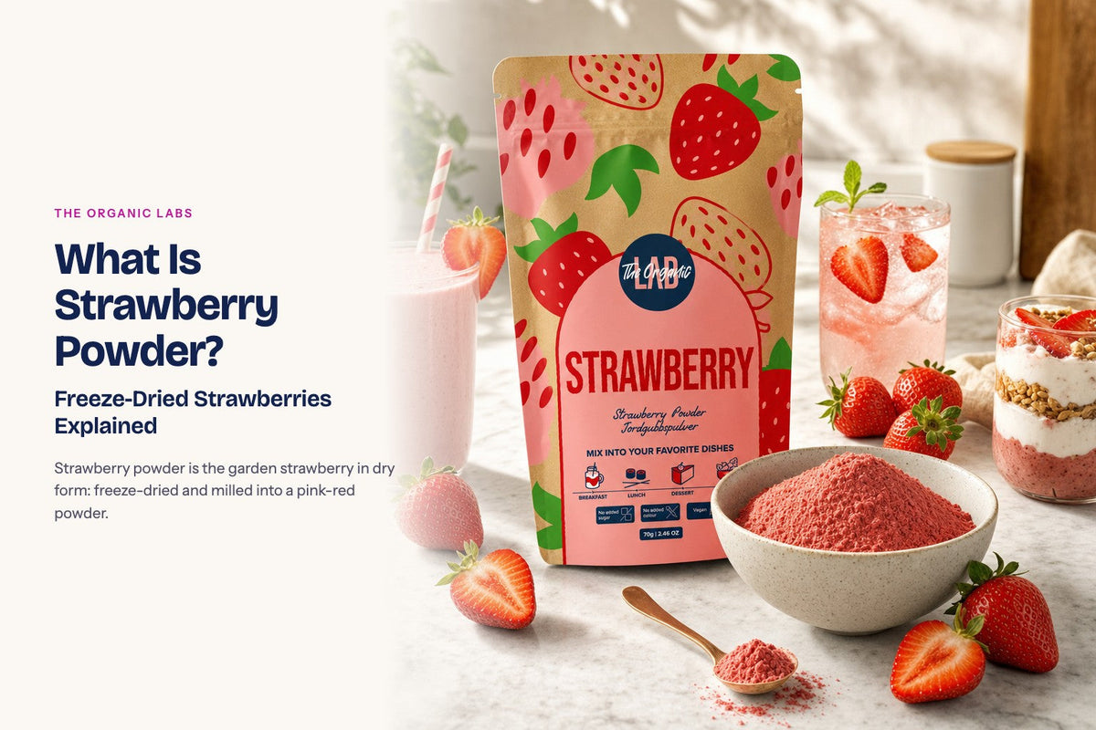 Freeze-dried strawberry powder pack with a bowl of the powder, drinks and desserts