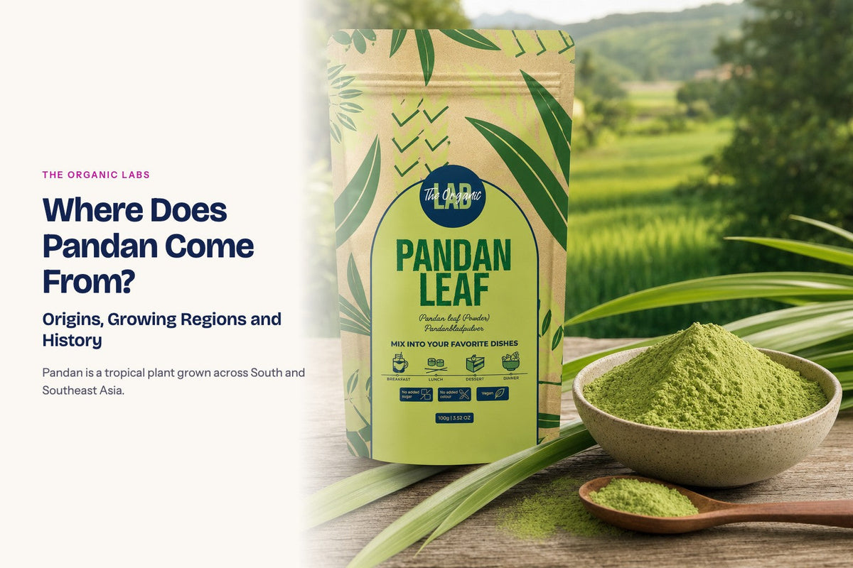 Pandan powder pack with the raw ingredient and a bowl of the powder
