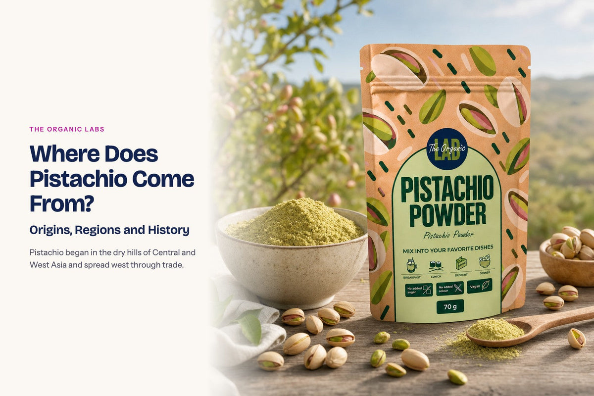 Pistachio powder pack with the raw ingredient and a bowl of the powder