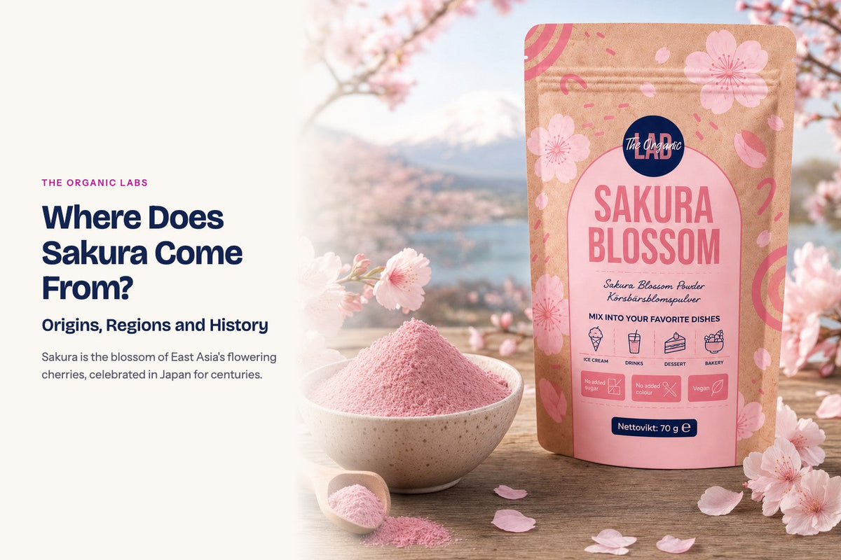 Sakura powder pack with the raw ingredient and a bowl of the powder