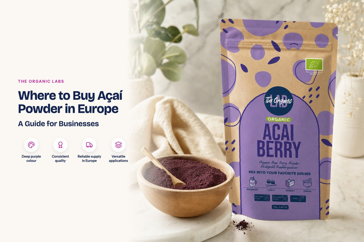 Açaí powder pack with a 25 kg bulk drum and a bowl of the powder