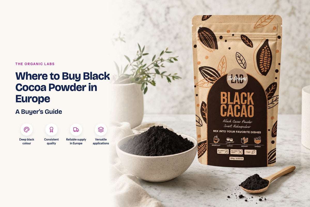 Black cocoa powder pack with a 25 kg bulk drum and a bowl of the powder