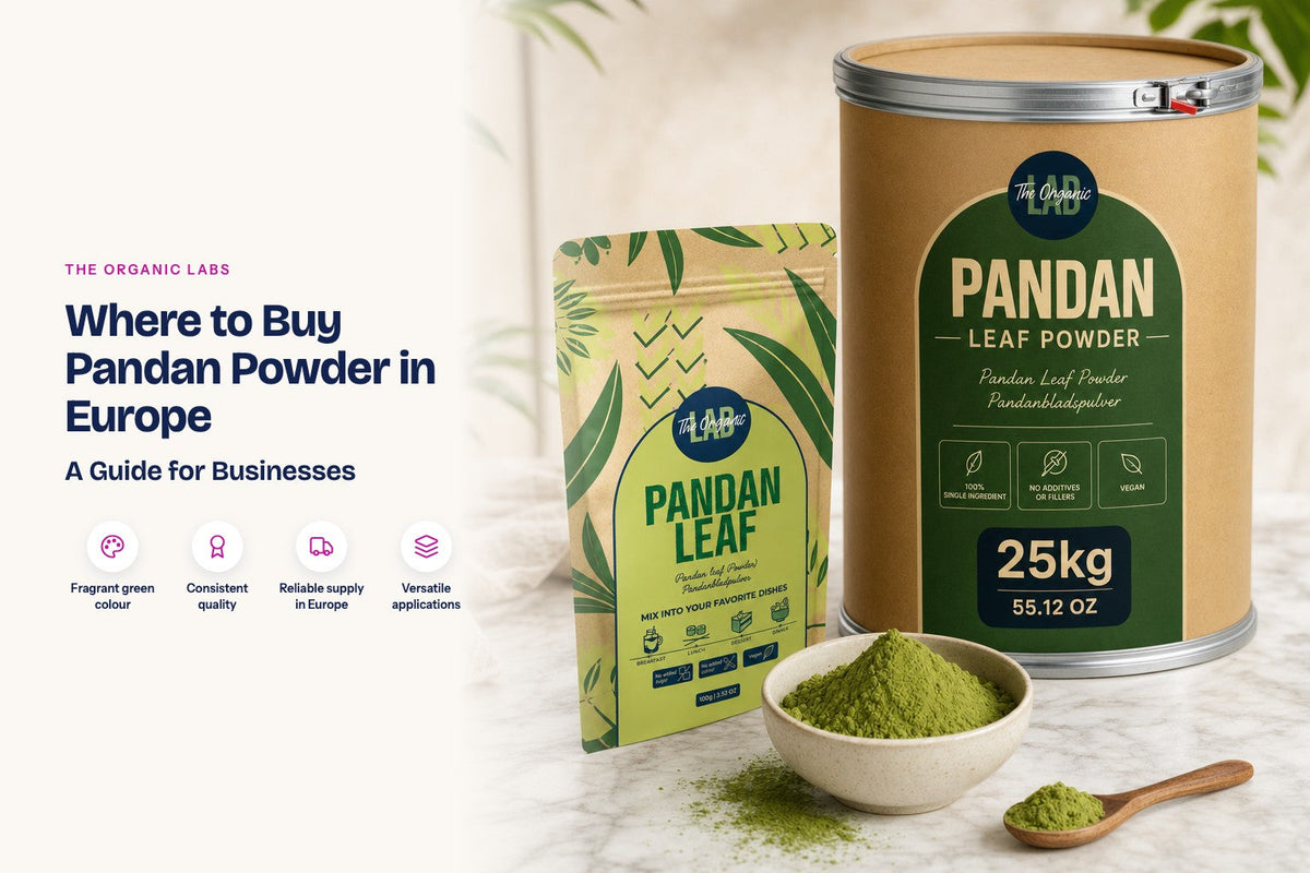 Pandan powder pack with a 25 kg bulk drum and a bowl of the powder