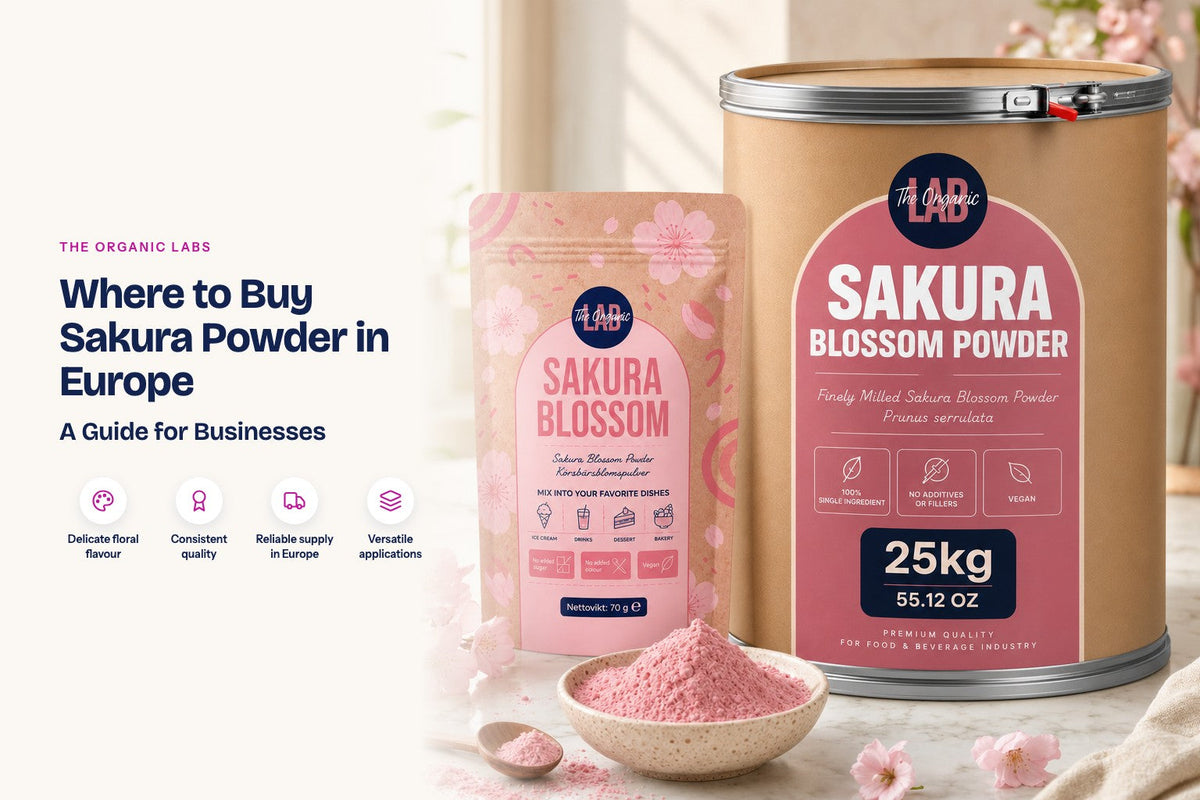 Sakura powder pack with a 25 kg bulk drum and a bowl of the powder