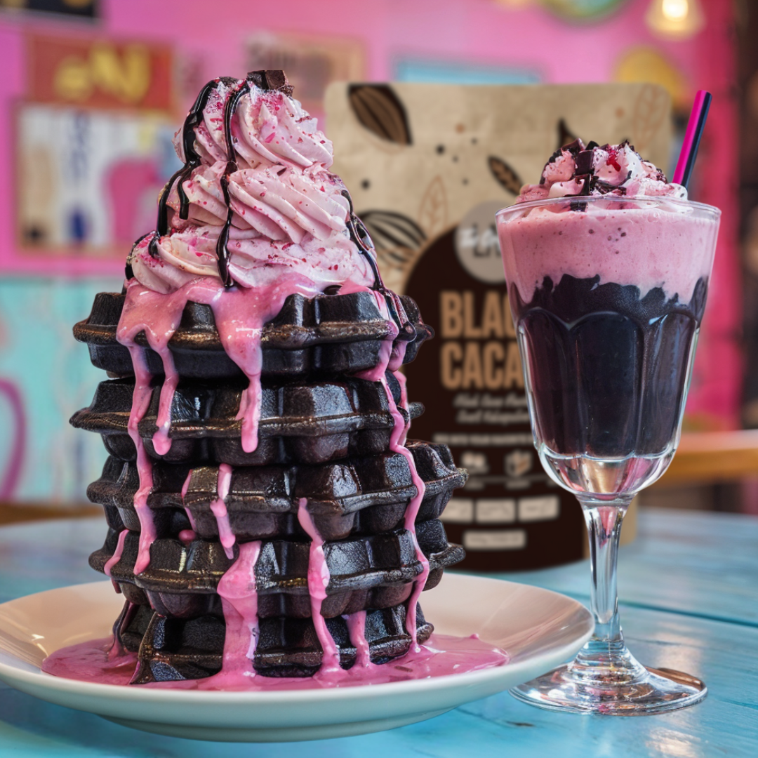 Black cacao waffles with pink sauce and whipped cream next to a black and pink milkshake