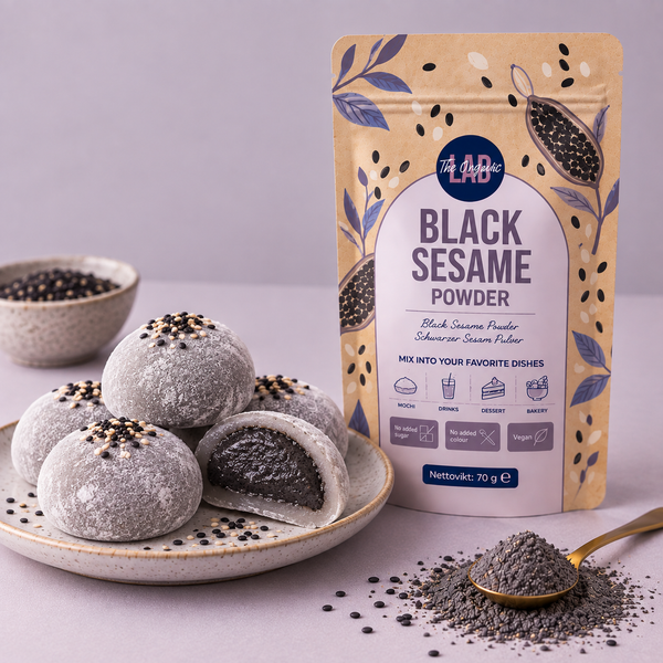 Black sesame mochi with black sesame filling, made with black sesame powder