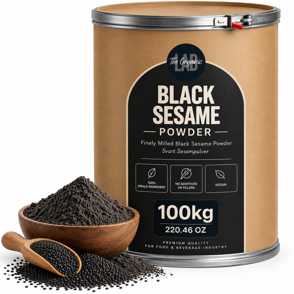 Bulk black sesame powder in a 100 kg drum with a bowl of black sesame powder