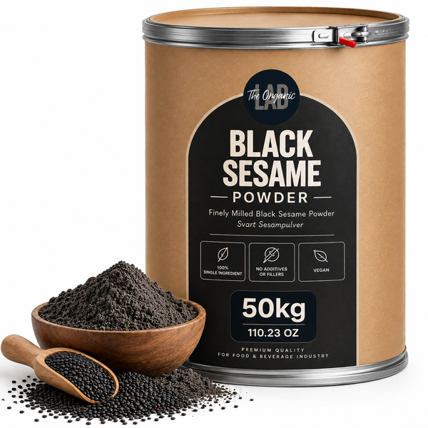 Bulk black sesame powder in a 50 kg drum with a bowl of black sesame powder