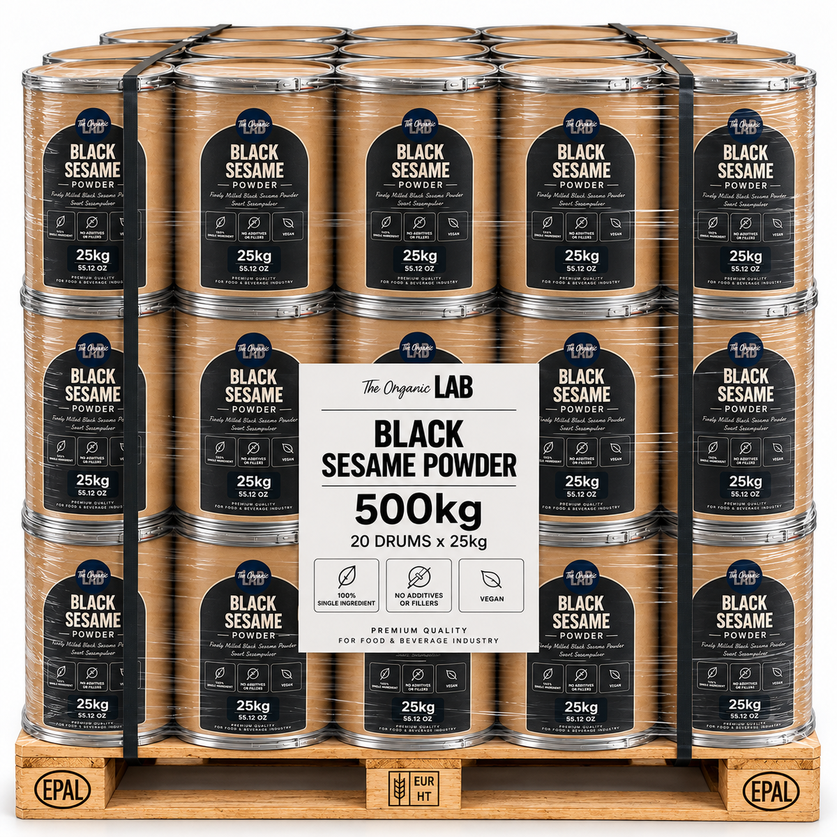 Pallet of black sesame powder, 500 kg in 20 drums of 25 kg