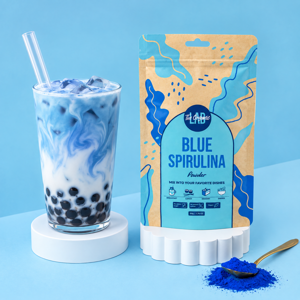 Blue spirulina bubble tea with tapioca pearls