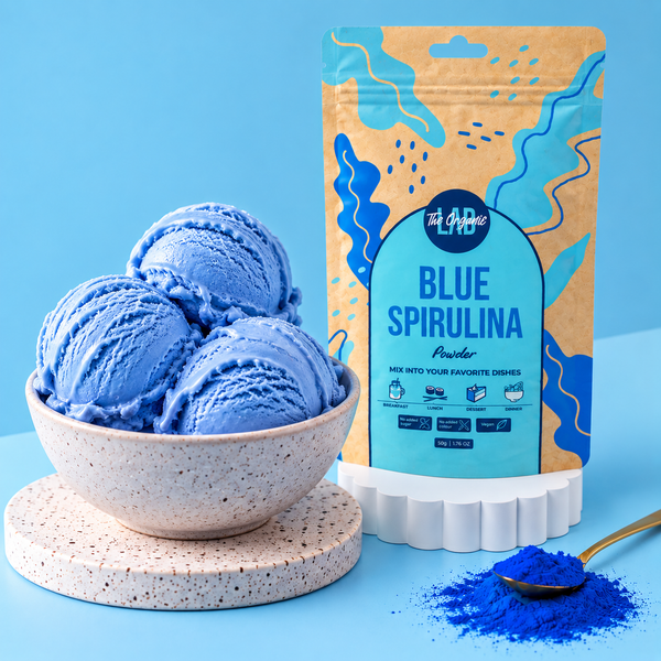 Blue ice cream made with blue spirulina powder