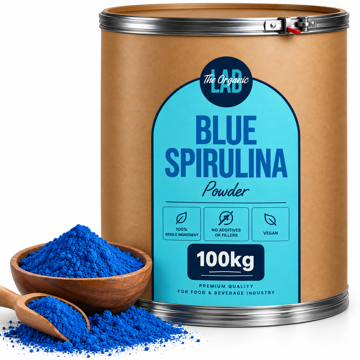 Bulk blue spirulina powder in a 100 kg drum with a bowl of blue spirulina