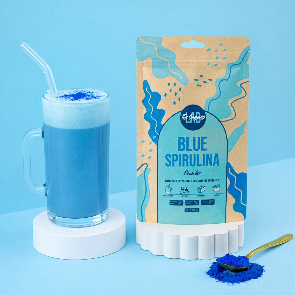 Bulk blue spirulina powder product packaging and drink example supplier Europe