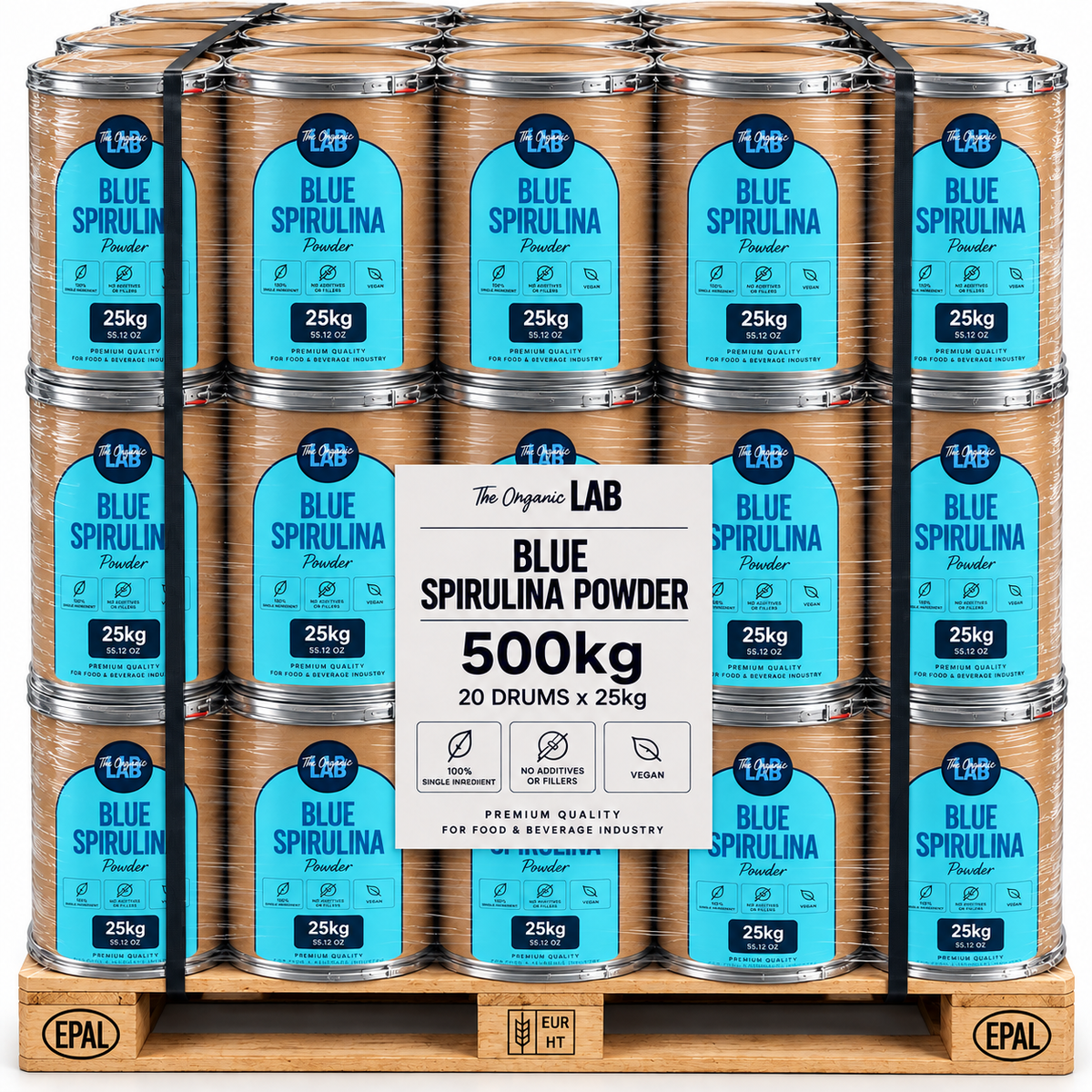 Pallet of blue spirulina powder, 500 kg in 20 drums of 25 kg