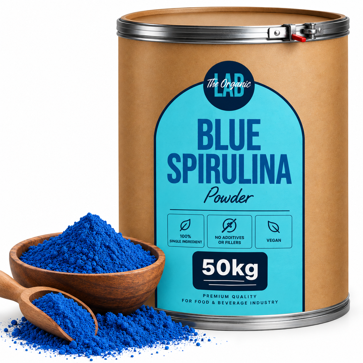 Bulk blue spirulina powder in a 50 kg drum with a bowl of blue spirulina