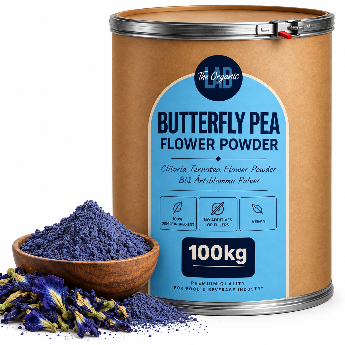 Bulk butterfly pea flower powder in a 100 kg drum with dried butterfly pea flowers