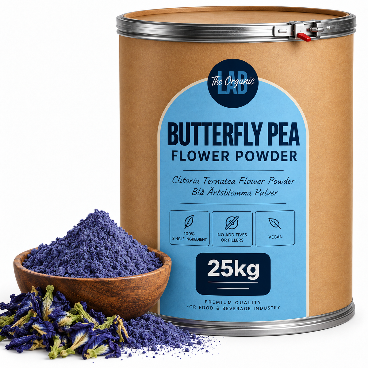 Bulk butterfly pea flower powder in a 25 kg drum with dried butterfly pea flowers