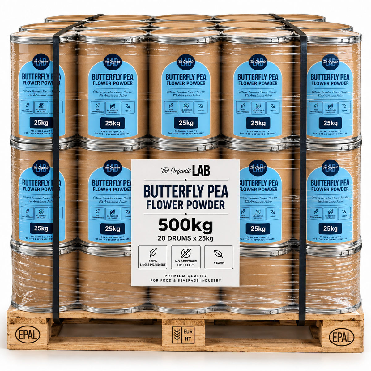 Pallet of butterfly pea flower powder, 500 kg in 20 drums of 25 kg