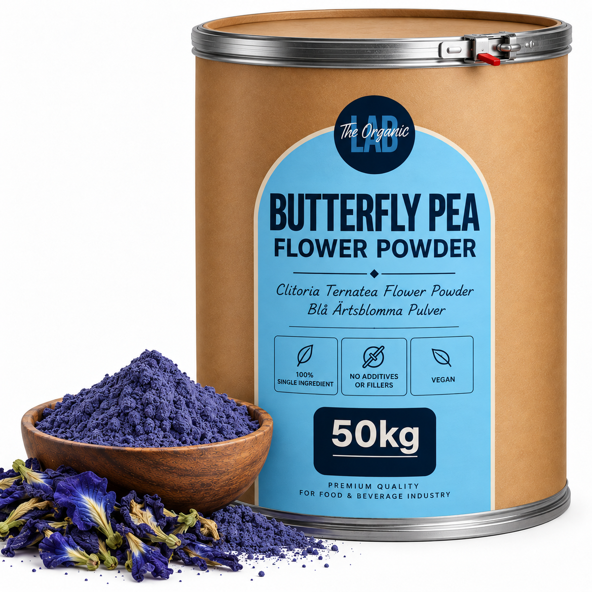 Bulk butterfly pea flower powder in a 50 kg drum with dried butterfly pea flowers