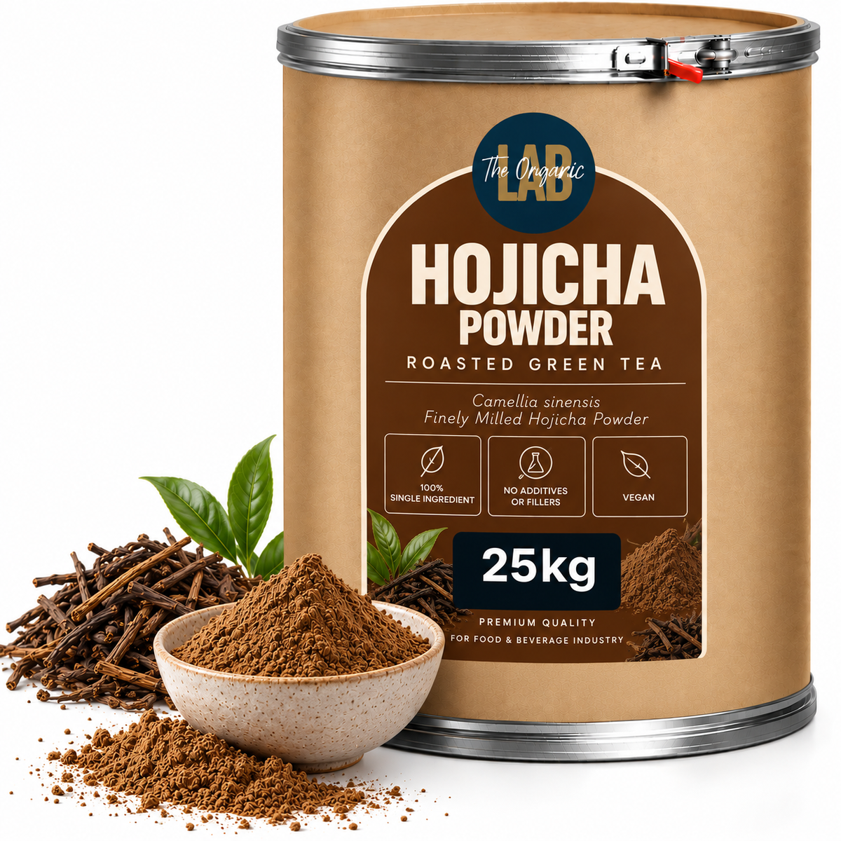 Bulk hojicha roasted green tea powder in a 25 kg drum