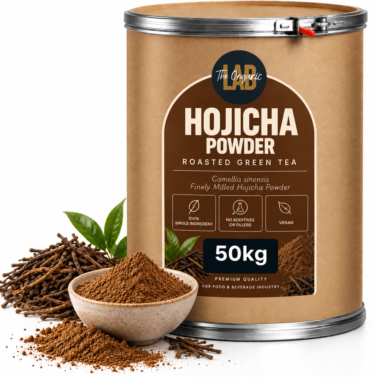 Bulk hojicha roasted green tea powder in a 50 kg drum