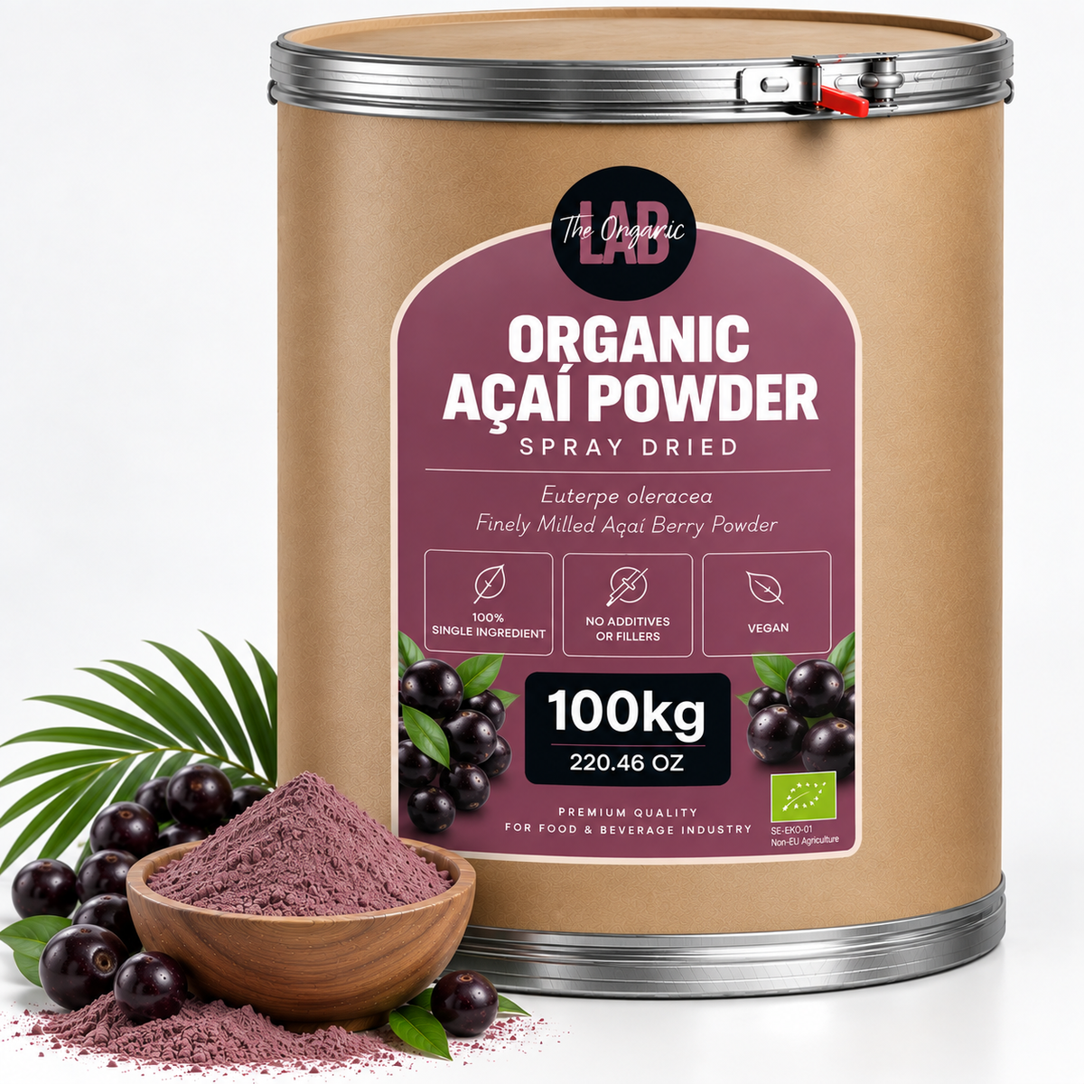 Bulk organic açaí powder in a 100 kg drum with açaí berries