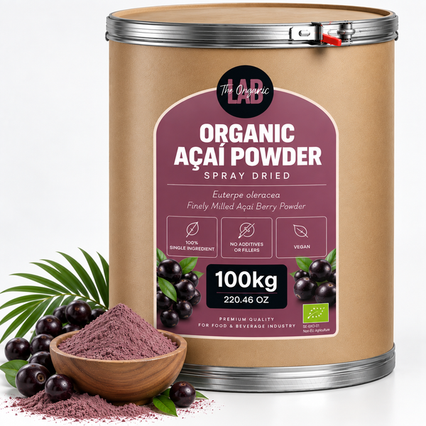 Bulk organic açaí powder in a 100 kg drum with açaí berries