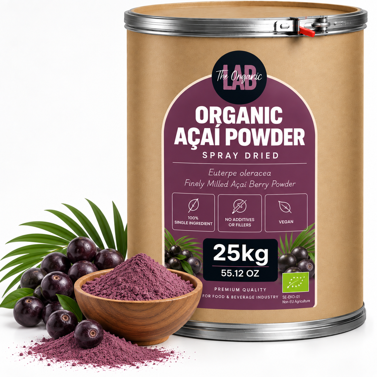 Bulk organic açaí powder in a 25 kg drum with açaí berries