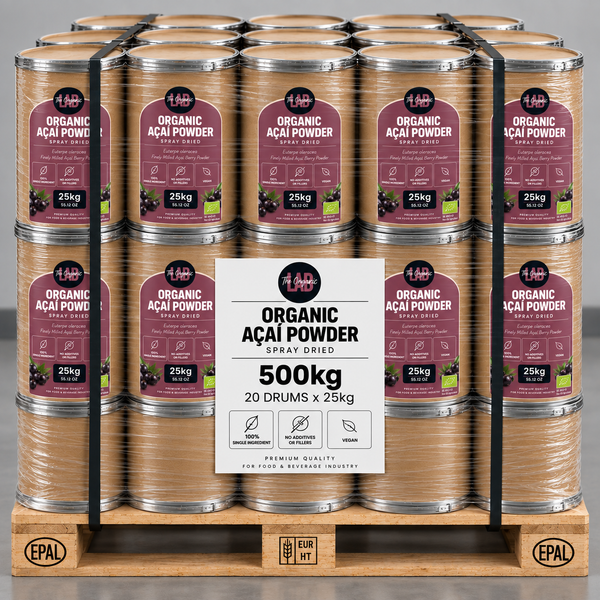 Pallet of organic açaí powder, 500 kg in 20 drums of 25 kg