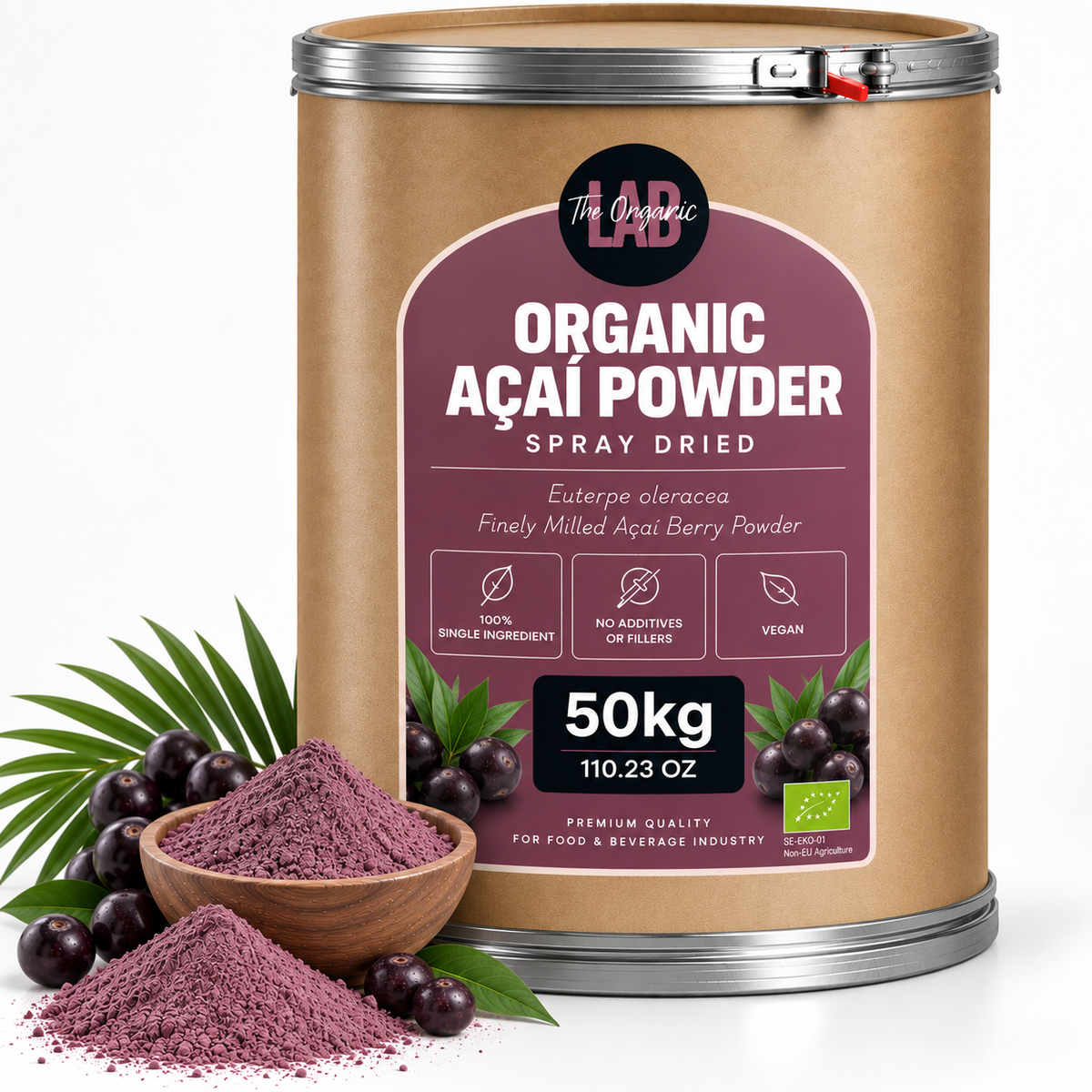 Bulk organic açaí powder in a 50 kg drum with açaí berries