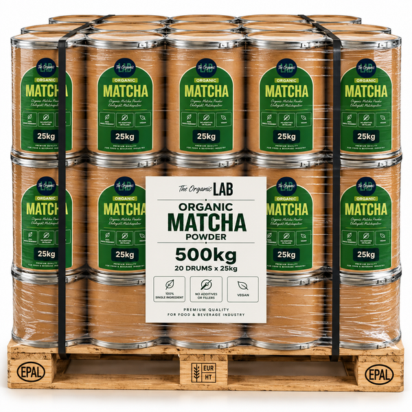 Pallet of organic matcha powder, 500 kg in 20 drums of 25 kg