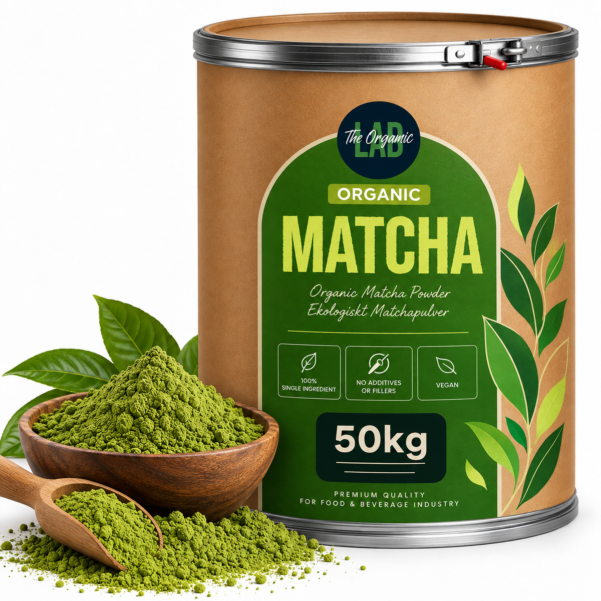 Bulk organic matcha powder in a 50 kg drum with fresh green tea leaves