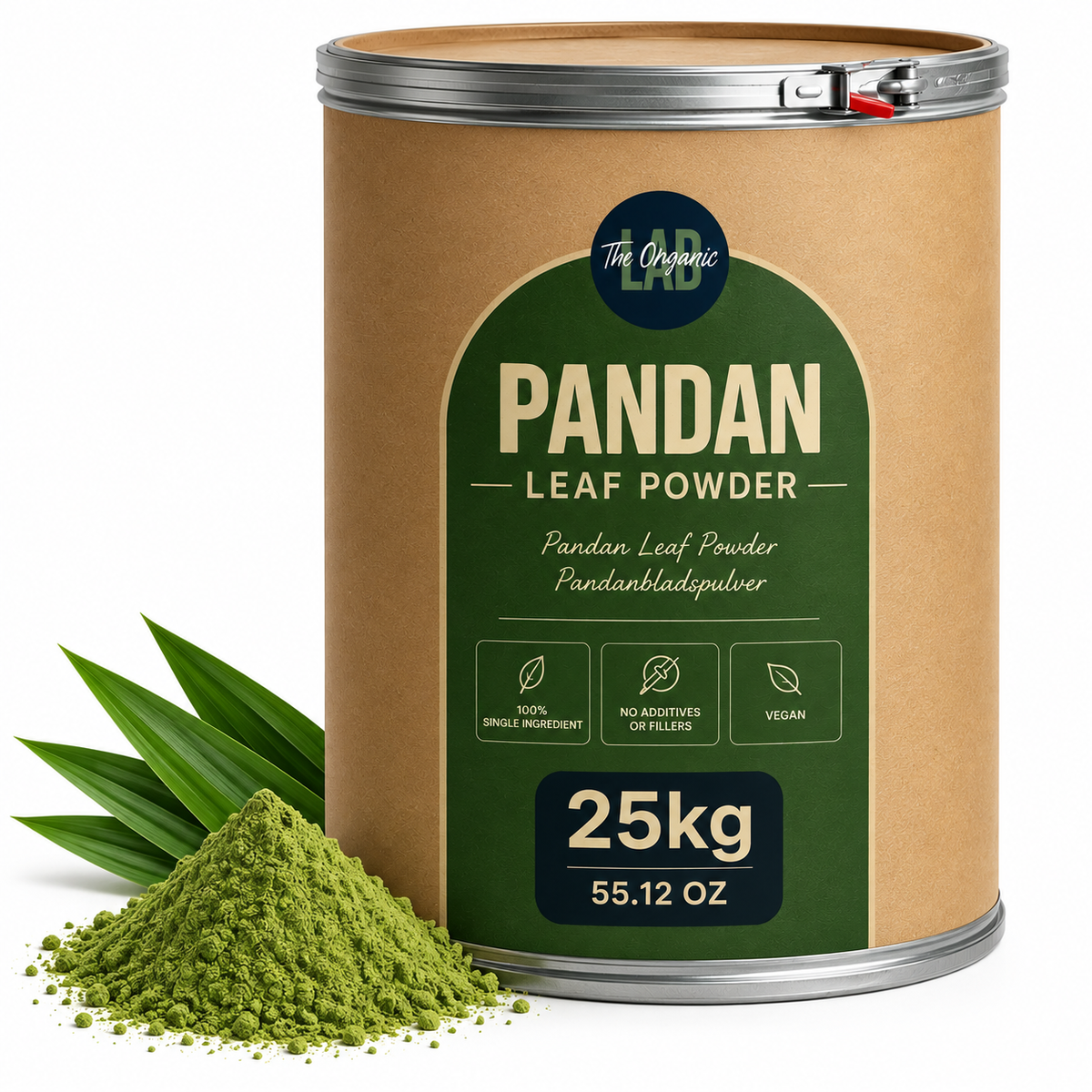 Bulk pandan leaf powder in a 25 kg drum – Pandanus amaryllifolius
