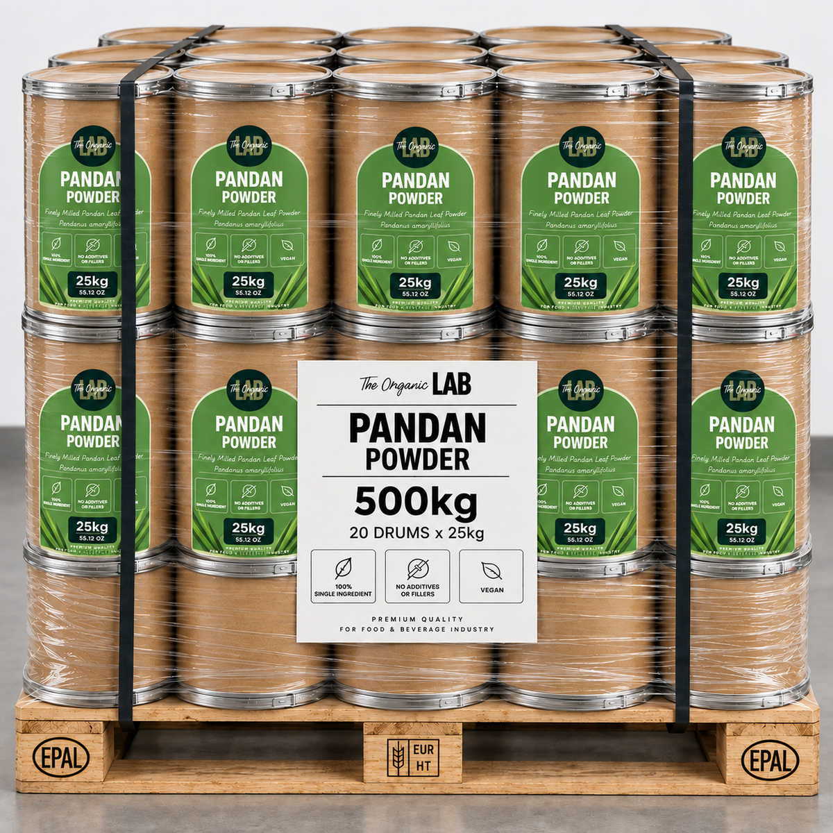 Pallet of pandan leaf powder, 500 kg in 20 drums of 25 kg
