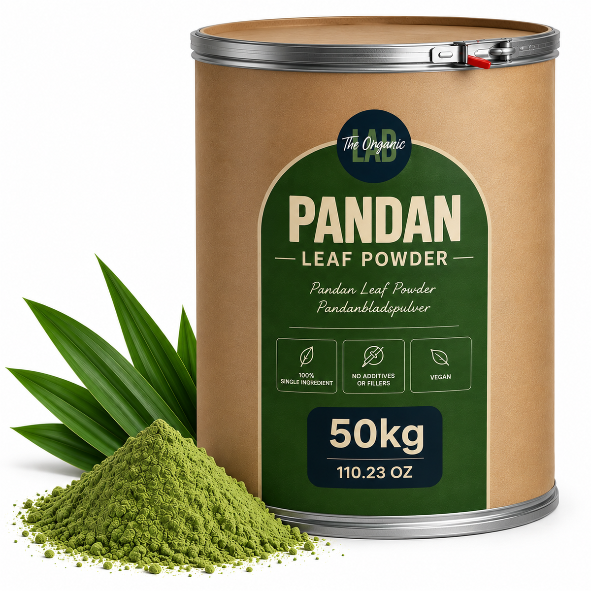 Bulk pandan leaf powder in a 50 kg drum with pandan leaves