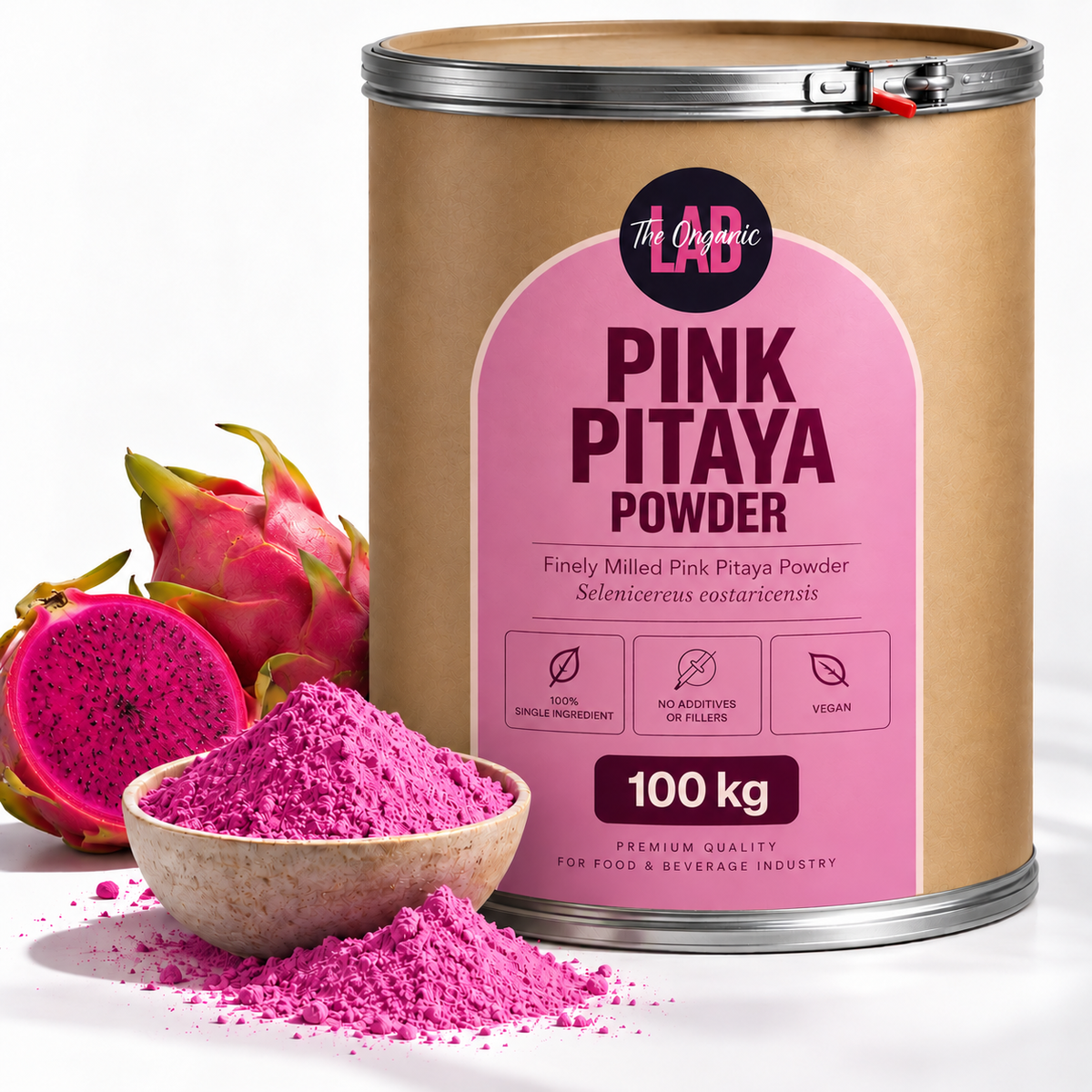 Bulk pink pitaya (dragon fruit) powder in a 100 kg drum with fresh dragon fruit