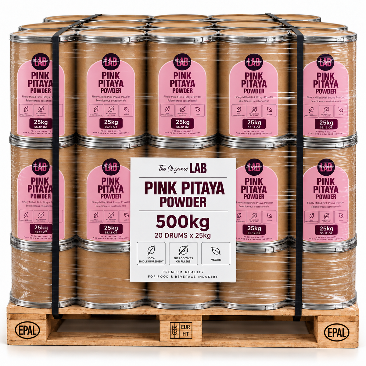 Pallet of pink pitaya (dragon fruit) powder, 500 kg in 20 drums of 25 kg