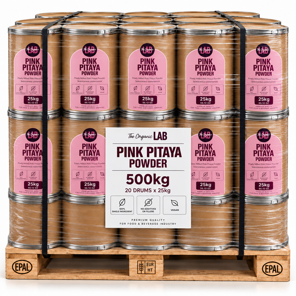 Pallet of pink pitaya (dragon fruit) powder, 500 kg in 20 drums of 25 kg