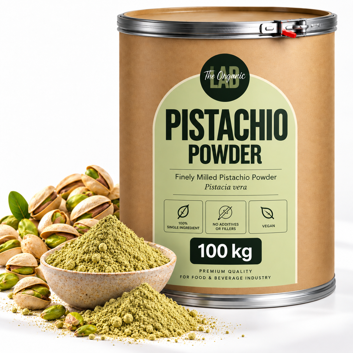 Bulk pistachio powder in a 100 kg drum with pistachios