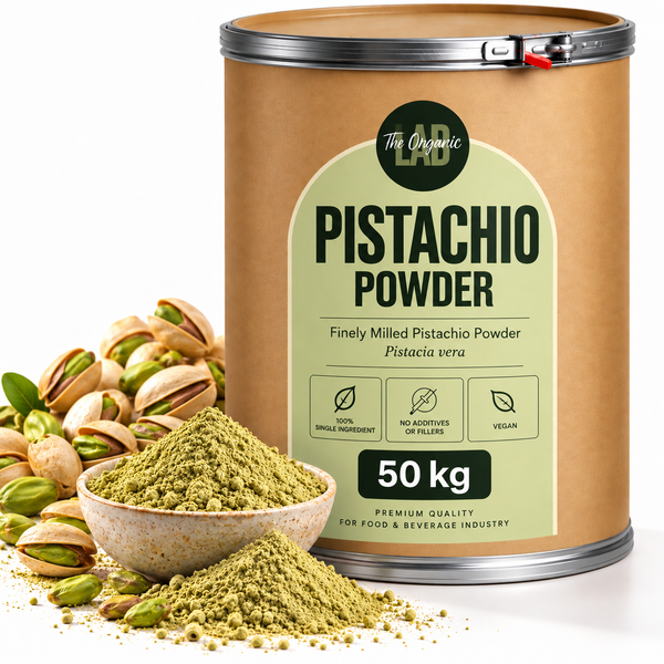Bulk pistachio powder in a 50 kg drum with pistachios