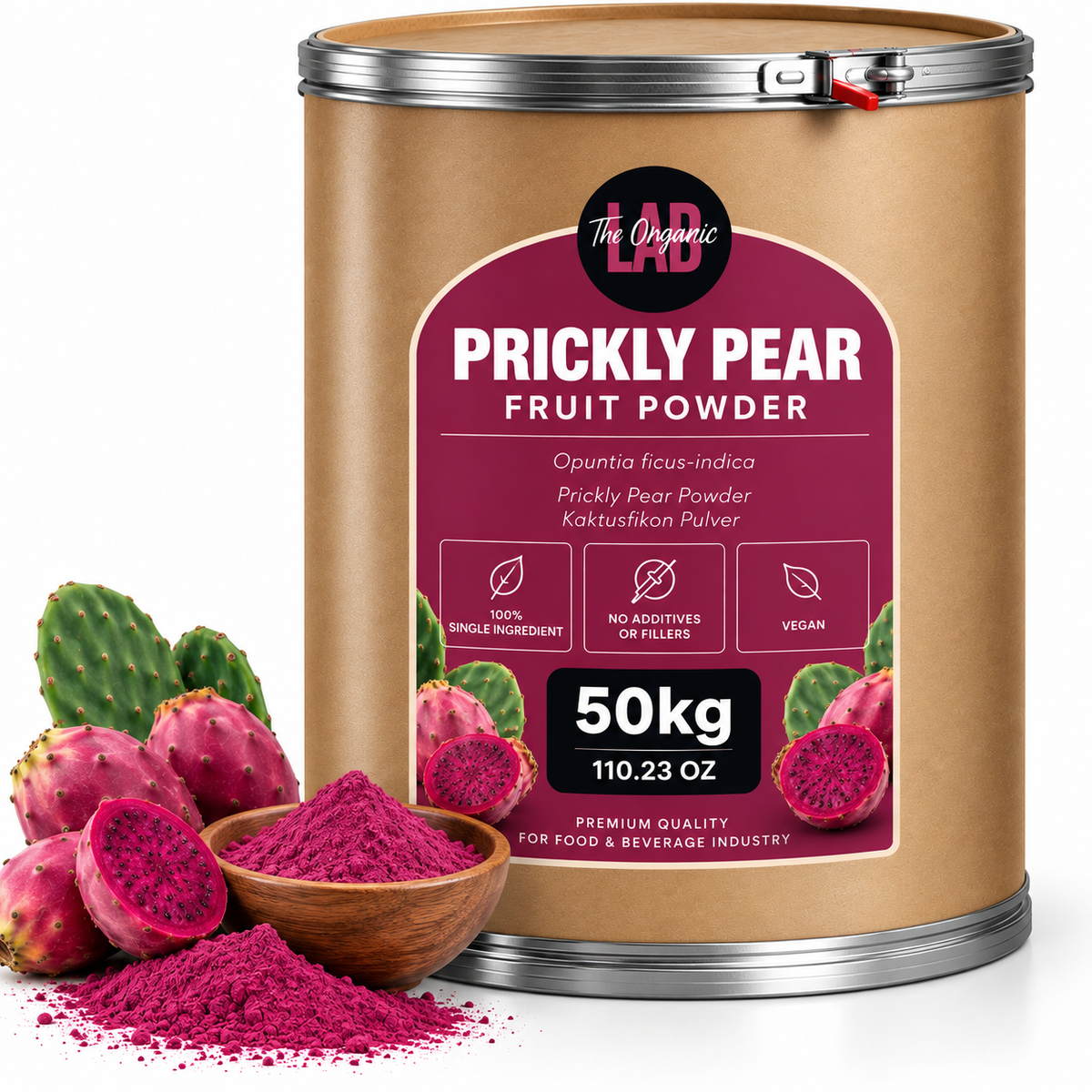 Bulk prickly pear fruit powder in a 50 kg drum with fresh prickly pears