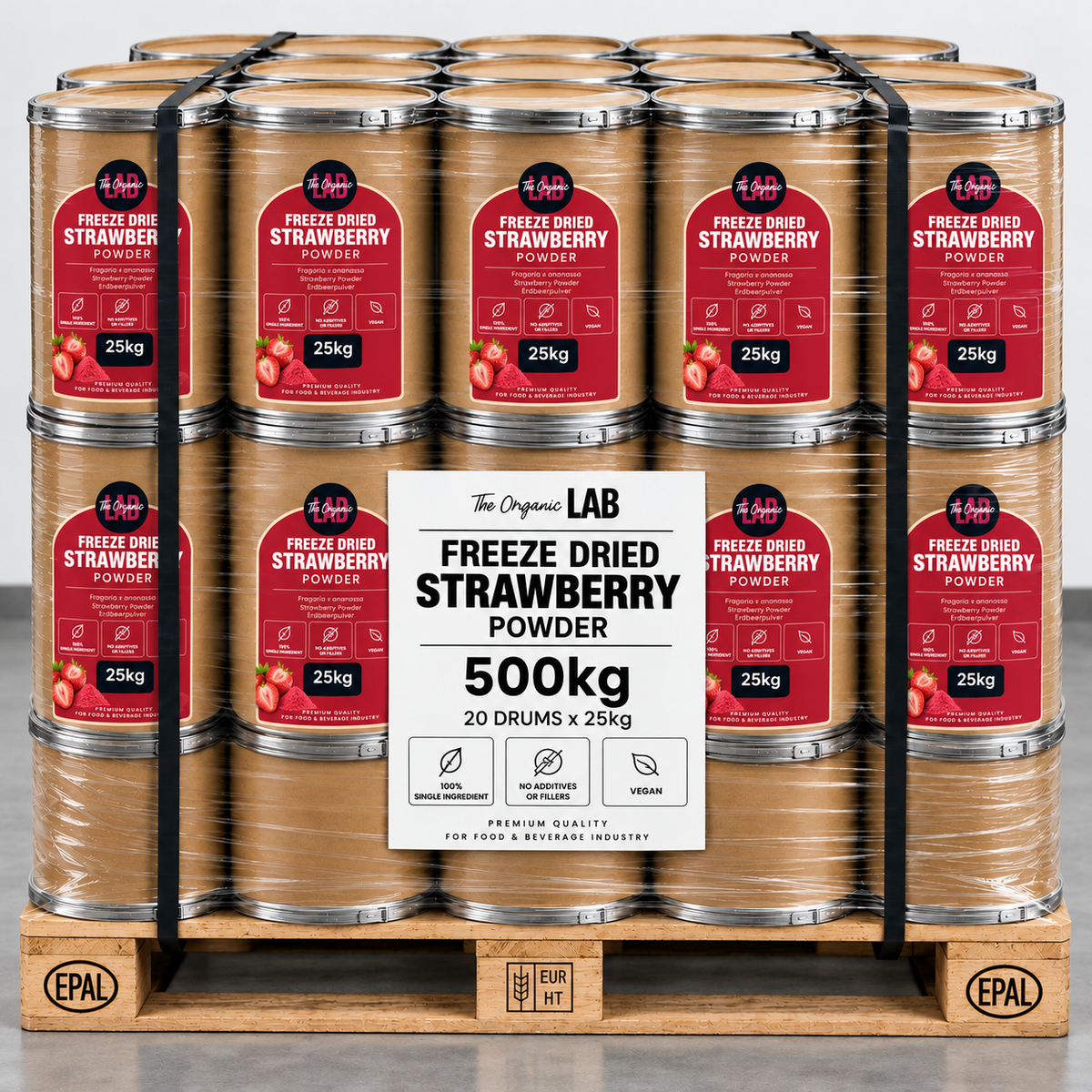 Pallet of freeze-dried strawberry powder, 500 kg in 20 drums of 25 kg