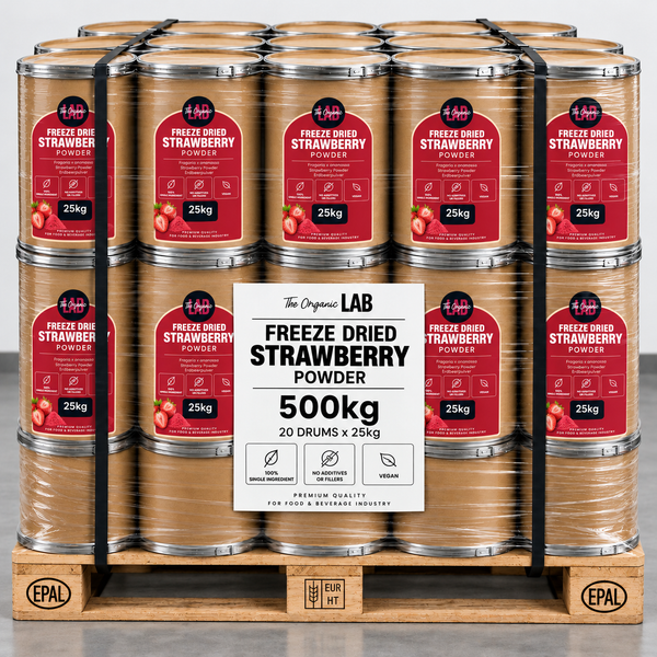Pallet of freeze-dried strawberry powder, 500 kg in 20 drums of 25 kg