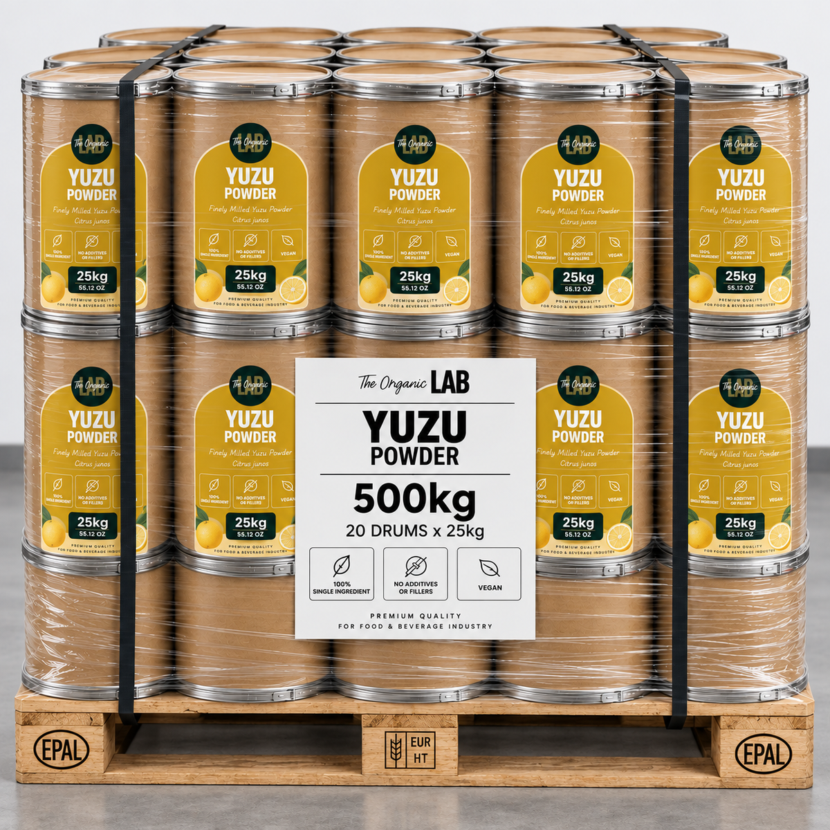 Pallet of yuzu powder, 500 kg in 20 drums of 25 kg