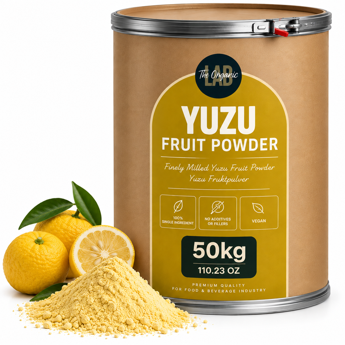Bulk yuzu powder in a 50 kg drum with fresh yuzu fruit