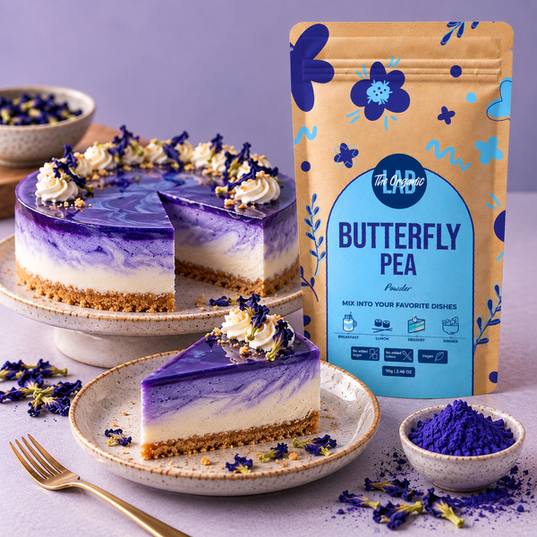 Butterfly pea cheesecake with a blue swirl, made with butterfly pea flower powder