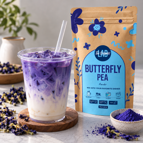 Layered butterfly pea iced latte made with butterfly pea flower powder