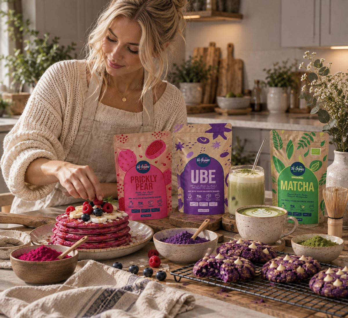 Baking with colourful superfood powders in a home kitchen
