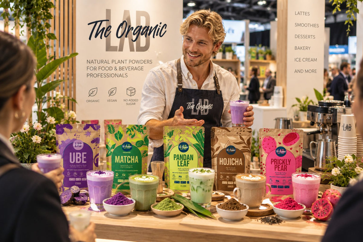 The Organic Labs stand with ube, matcha, pandan, hojicha and prickly pear powders for food and beverage professionals