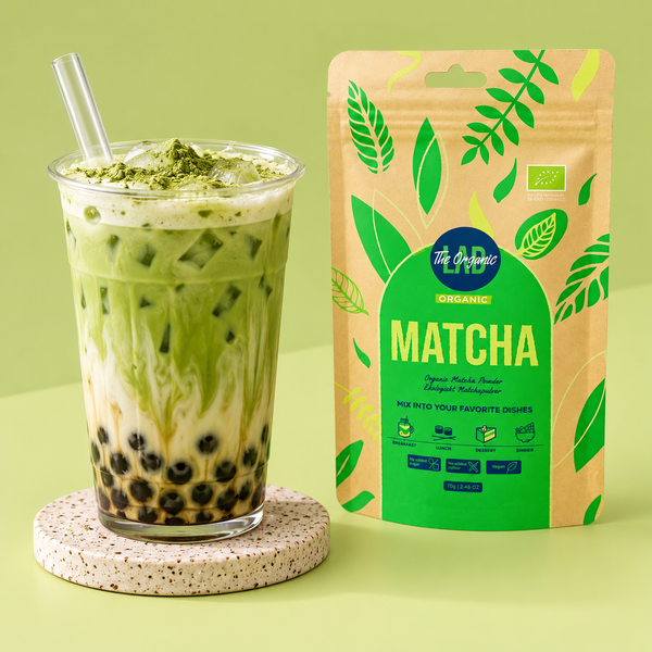 Matcha bubble tea with tapioca pearls, made with organic matcha powder